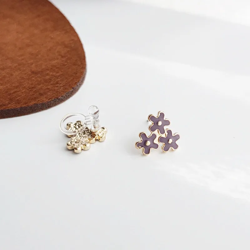 Light Purple Three Small Flowers Invisible Clip On Stud Earrings