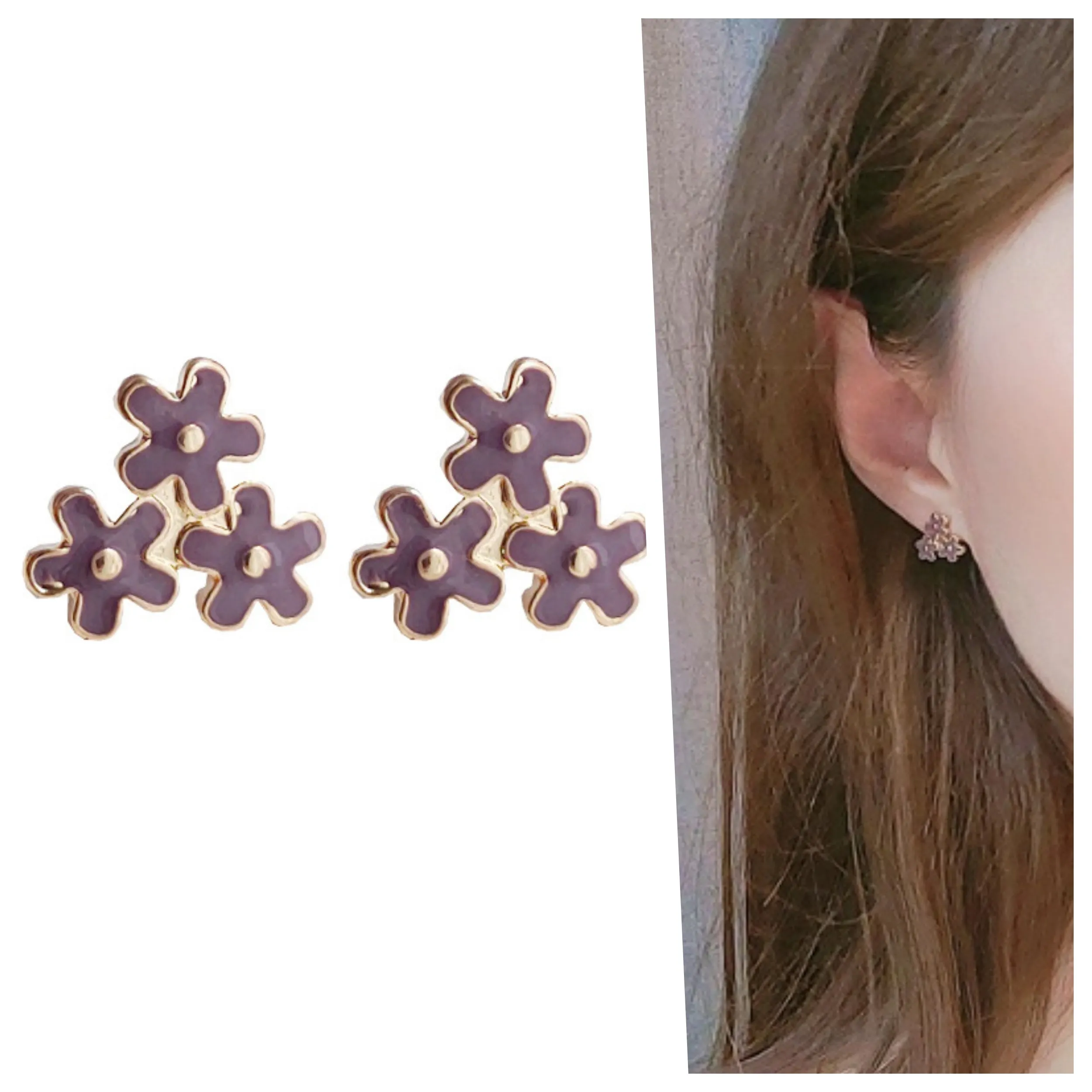 Light Purple Three Small Flowers Invisible Clip On Stud Earrings