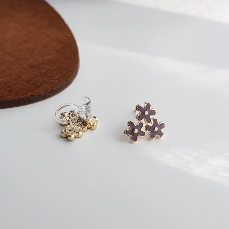 Light Purple Three Small Flowers Invisible Clip On Stud Earrings