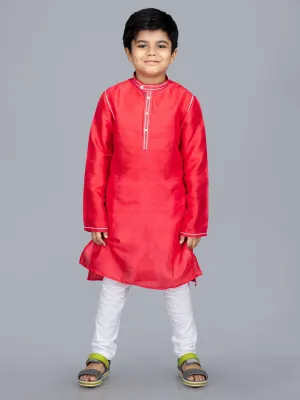 Light Red Bishnupuri Katan Silk Boys Long Kurta