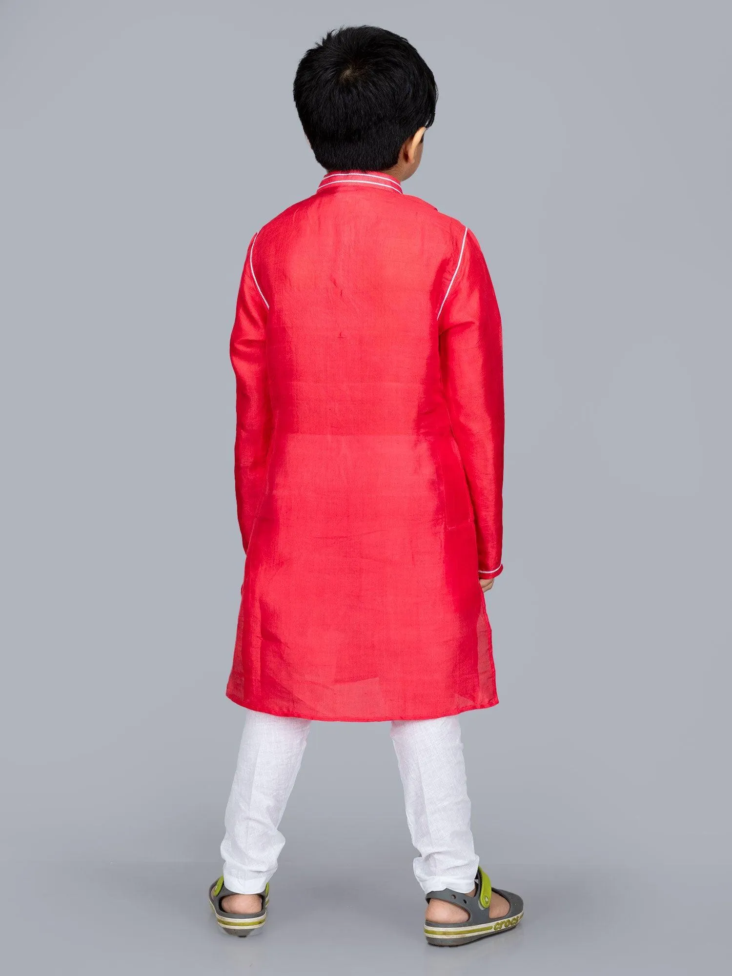 Light Red Bishnupuri Katan Silk Boys Long Kurta