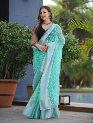 Light Sea Green Saree in Pure Organza Embroidered Work