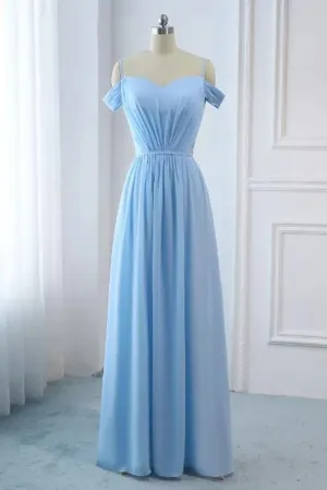 Light Sky Blue A Line Off The Shoulder Natural Waist Ruched Prom Dress Lace Up Party Dress