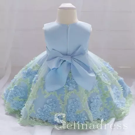 Light Sky Blue Lovely Big Bow Modest Wedding Little Girl Flower Girl Dresses GRS007