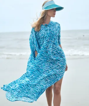 Light Sky Blue Maxi Kaftan with Lace-Up Tie and Wide Sleeve Openings