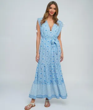 Light Sky Blue Printed Summer Maxi Dress with Tasselled Ties