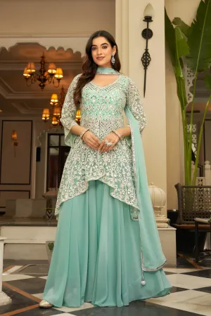 Light Turquoise Embellished Swiss Georgette Silk Palazzo Set