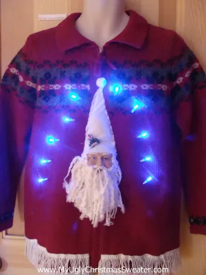 Light Up Christmas Sweater Pullover 3D Santa and Fringe