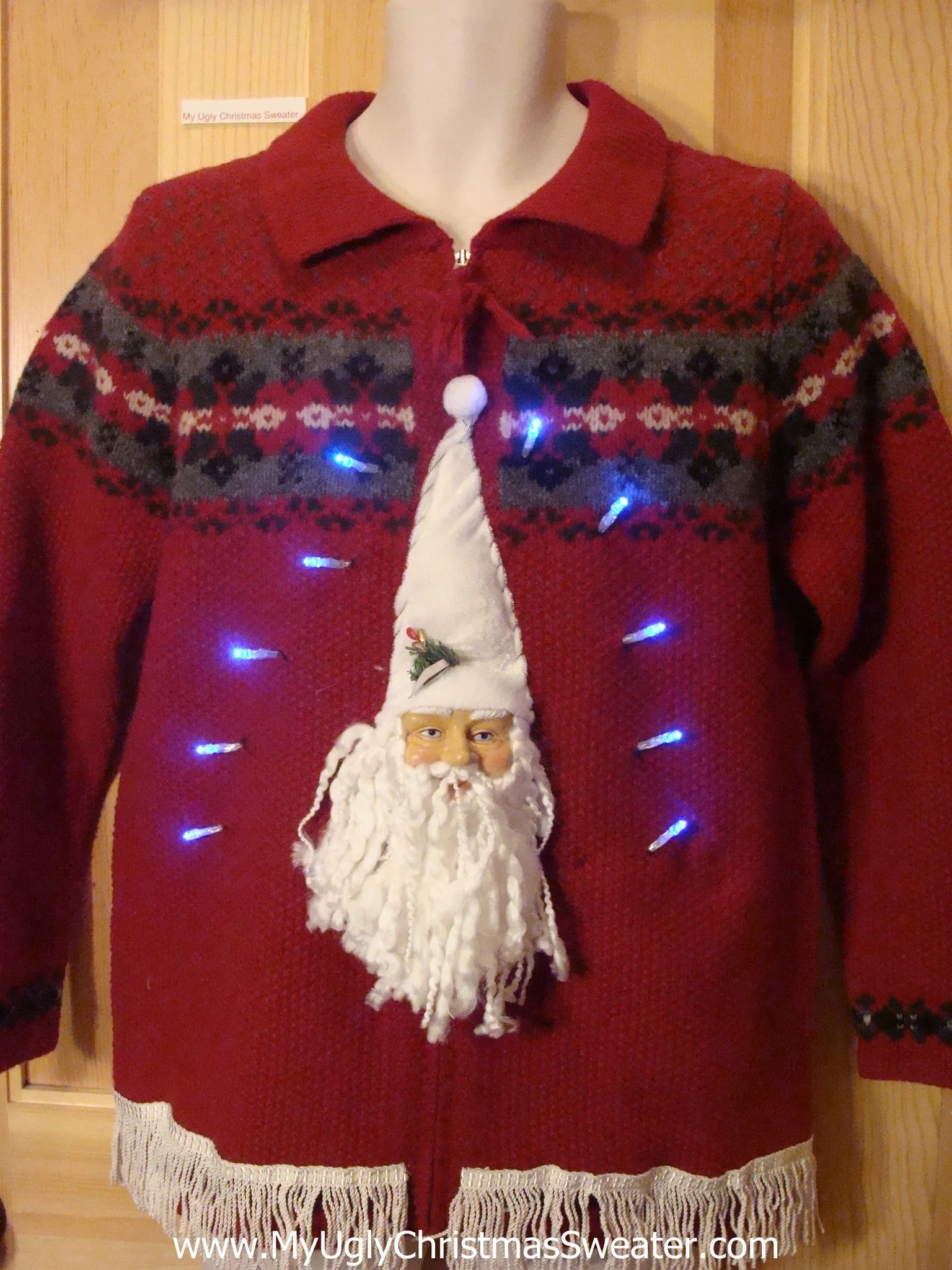 Light Up Christmas Sweater Pullover 3D Santa and Fringe