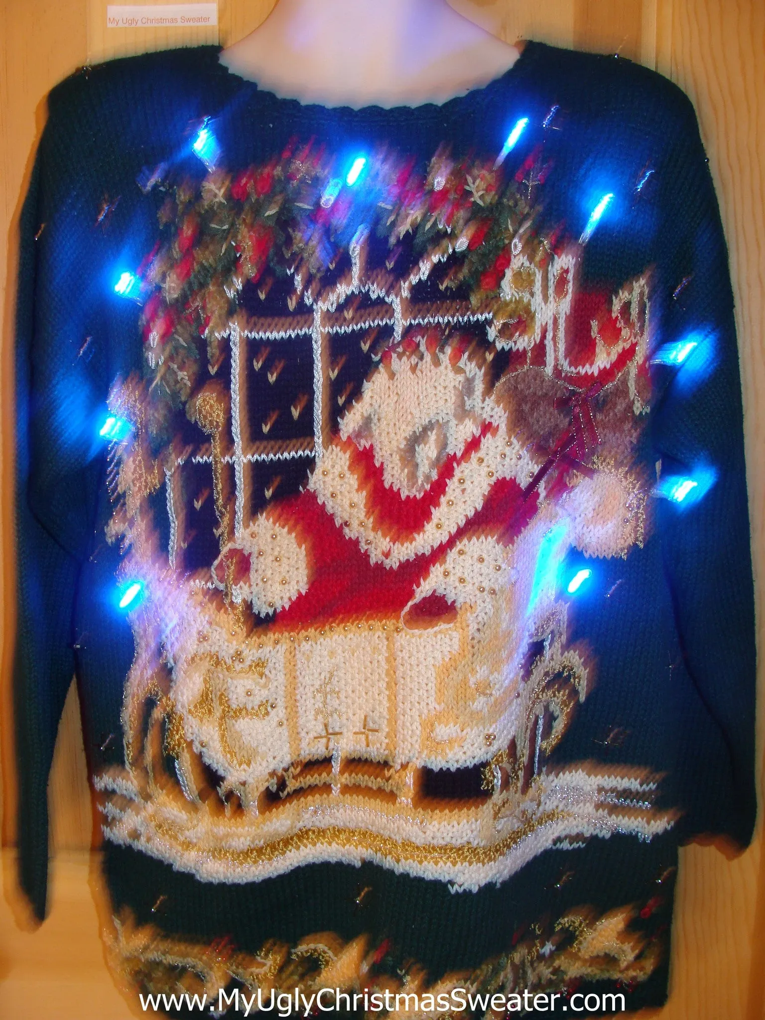 Light Up Ugly Xmas Sweater 80s Santa and Sleigh