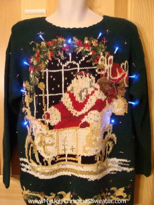 Light Up Ugly Xmas Sweater 80s Santa and Sleigh