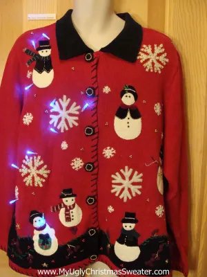 Light Up Ugly Xmas Sweater Snowmen Snowflakes