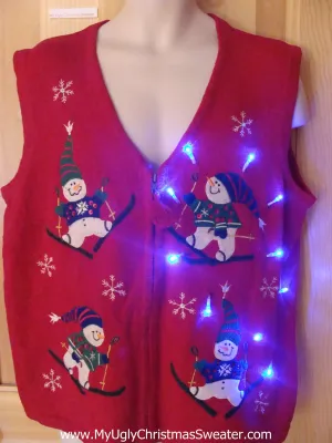 Light Up Ugly Xmas Sweater Vest Ski Skiing Snowmen