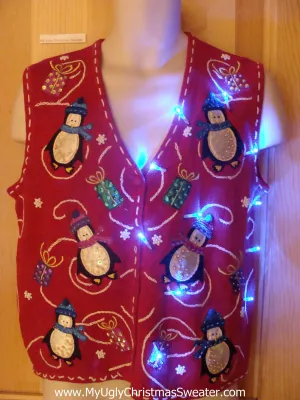 Light Up Ugly Xmas Sweater Vest with Penguins and Gifts