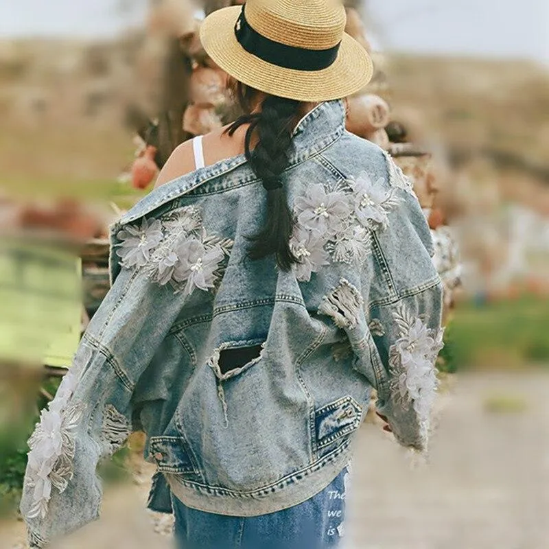 Light Wash Floral Appliques Denim Jacket