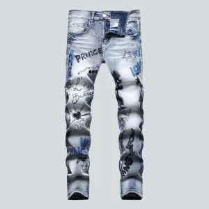 Light wash men's embroidered jeans