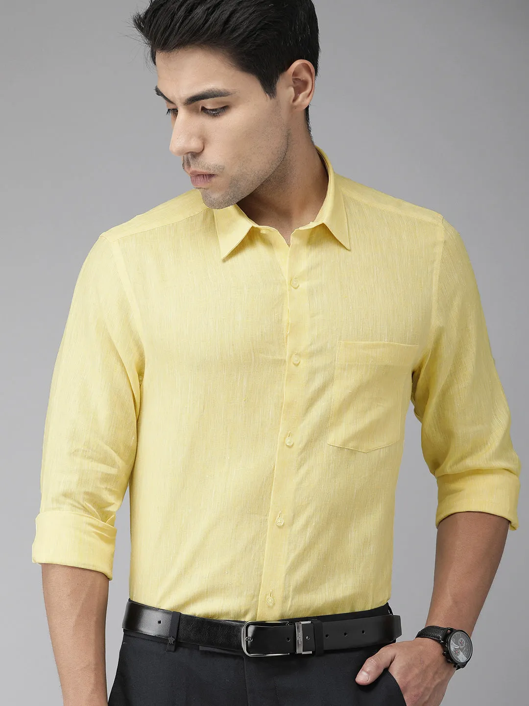 Light Yellow Linen Solid Slim Fit Shirt