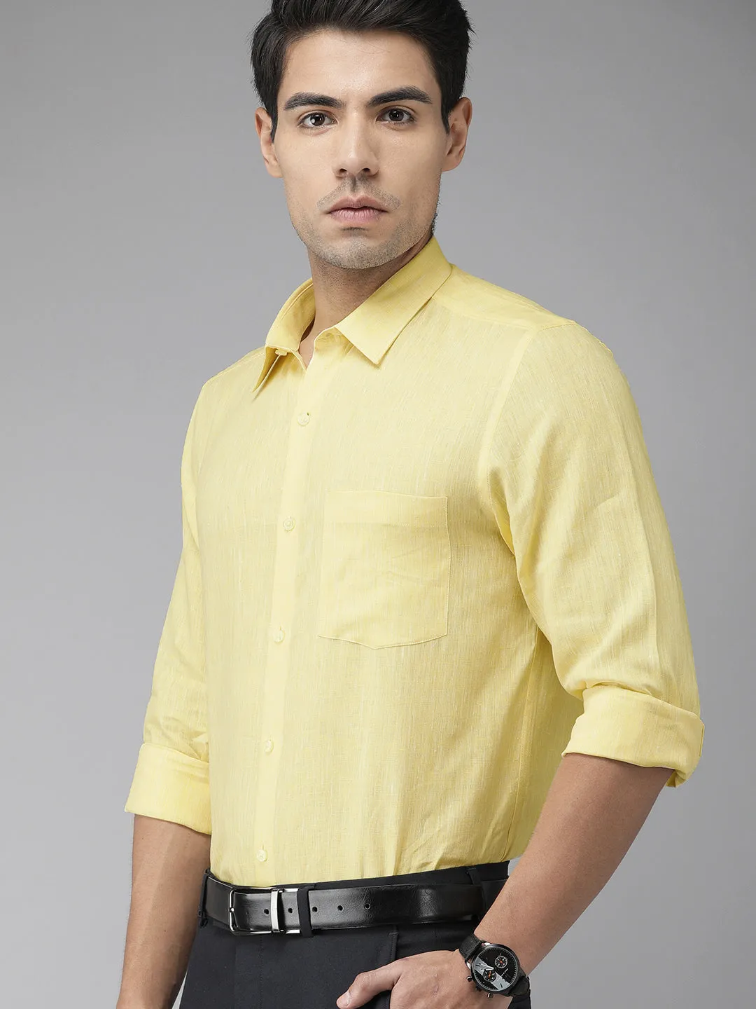 Light Yellow Linen Solid Slim Fit Shirt