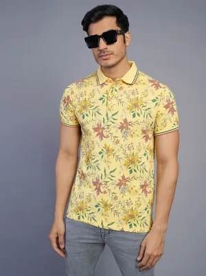 Light Yellow Printed Slim Fit Polo T-Shirt | Greenfibre