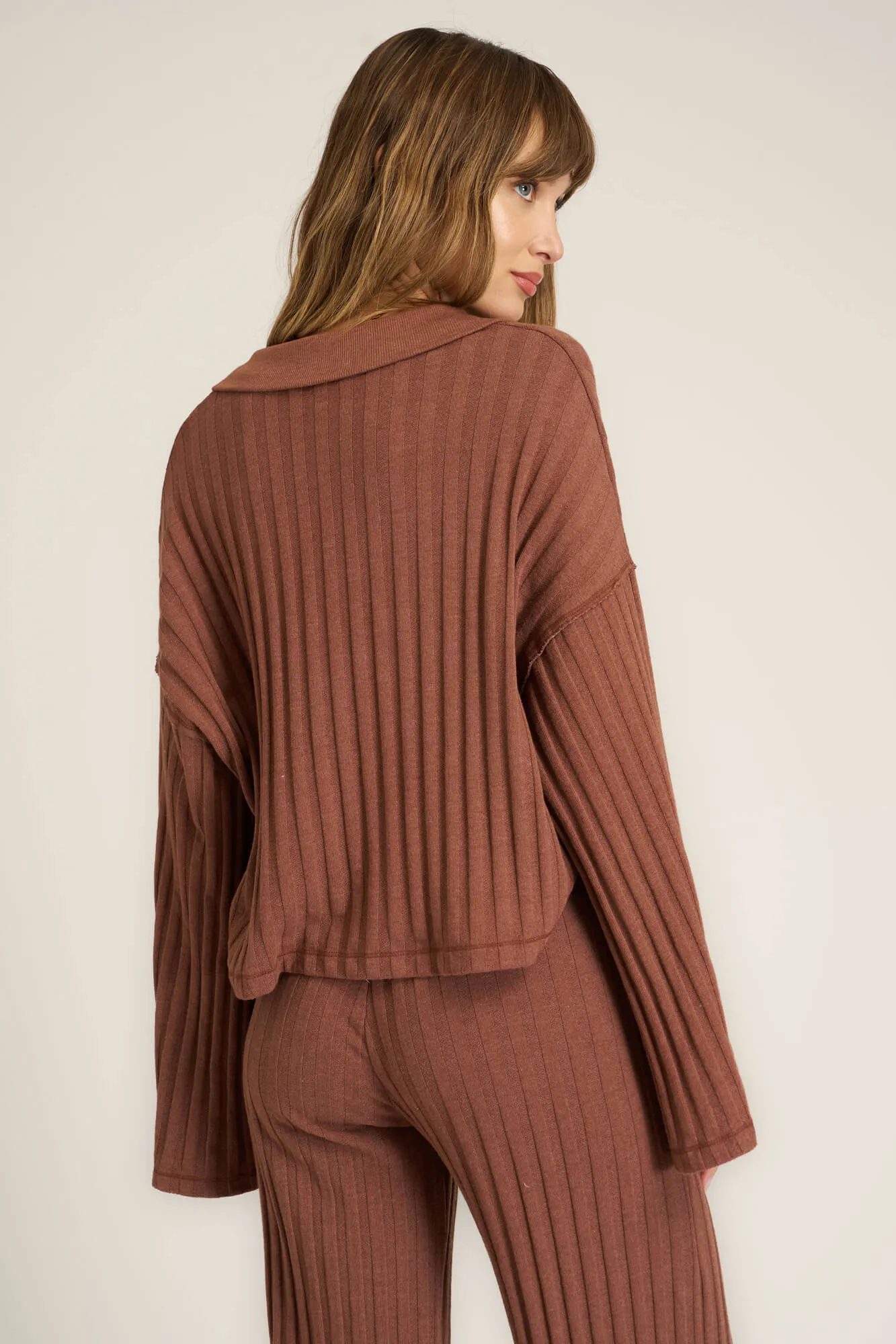 Lights Out Button Front Rib Top - Russet Brown