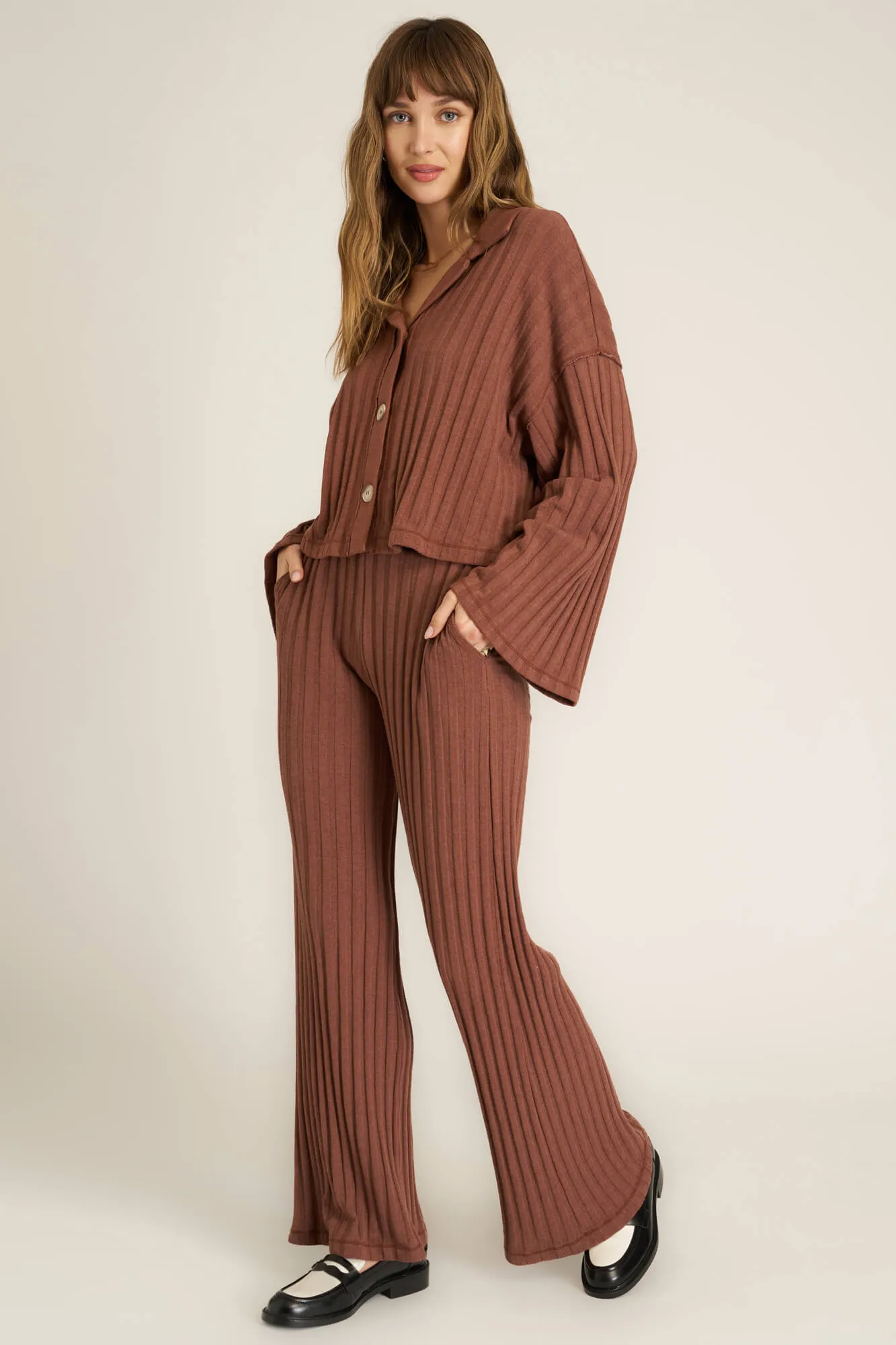 Lights Out Button Front Rib Top - Russet Brown