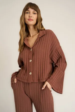 Lights Out Button Front Rib Top - Russet Brown