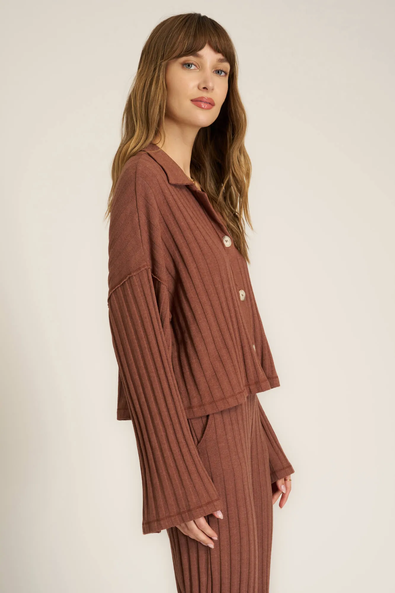 Lights Out Button Front Rib Top - Russet Brown