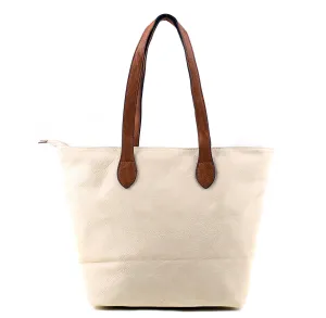 LIGHTWEIGHT BEIGE FAUX LEATHER TOTE HANDBAG