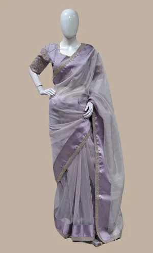 Lilac Embroidered Sari With Ready Blouse