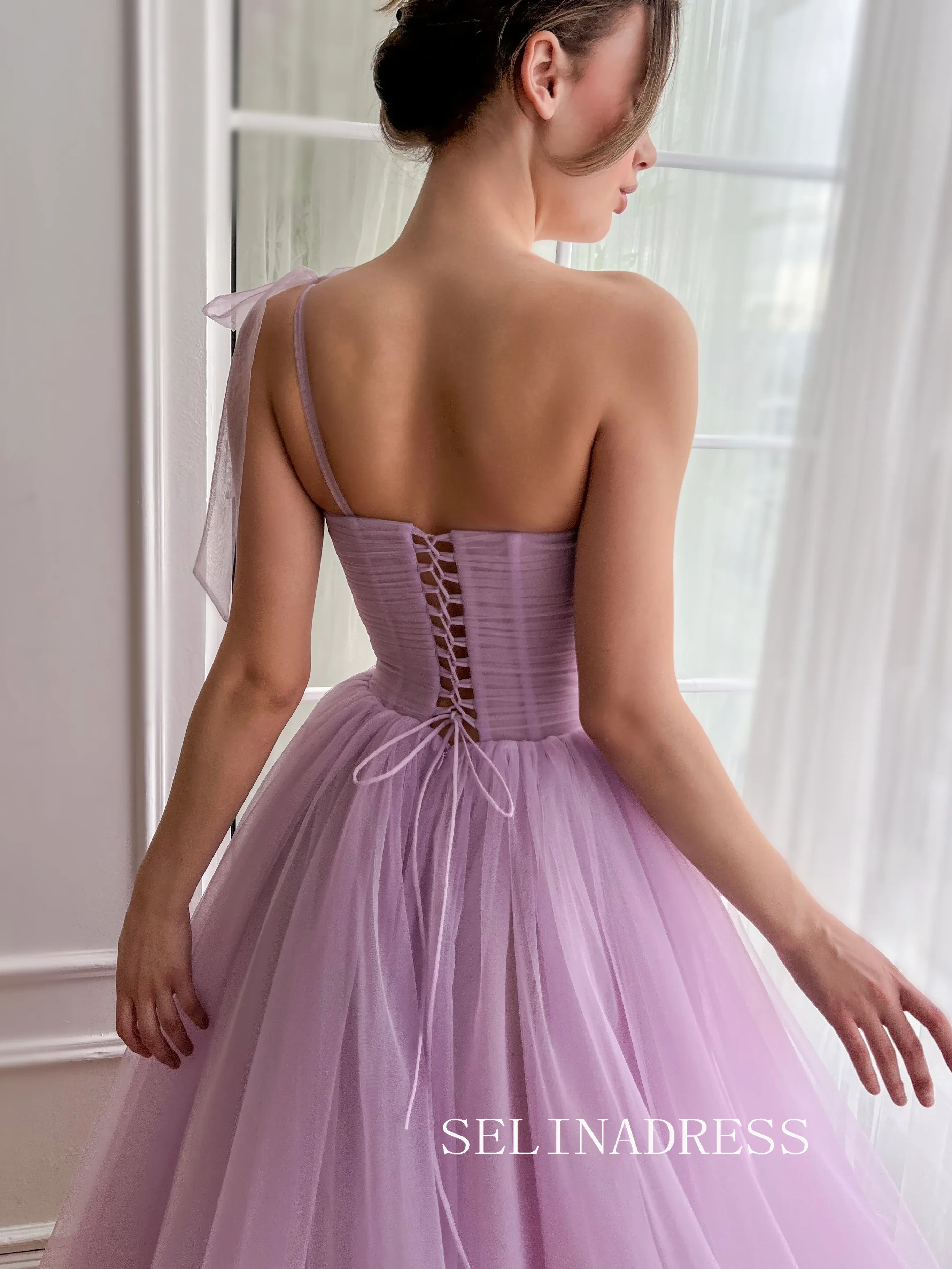 Lilac Floral Wedding Dress Tea Length One Shoulder Prom Dresses Princess Evening Gowns EWR307