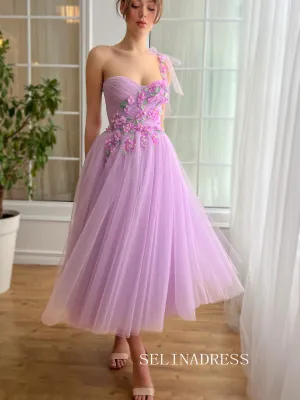 Lilac Floral Wedding Dress Tea Length One Shoulder Prom Dresses Princess Evening Gowns EWR307