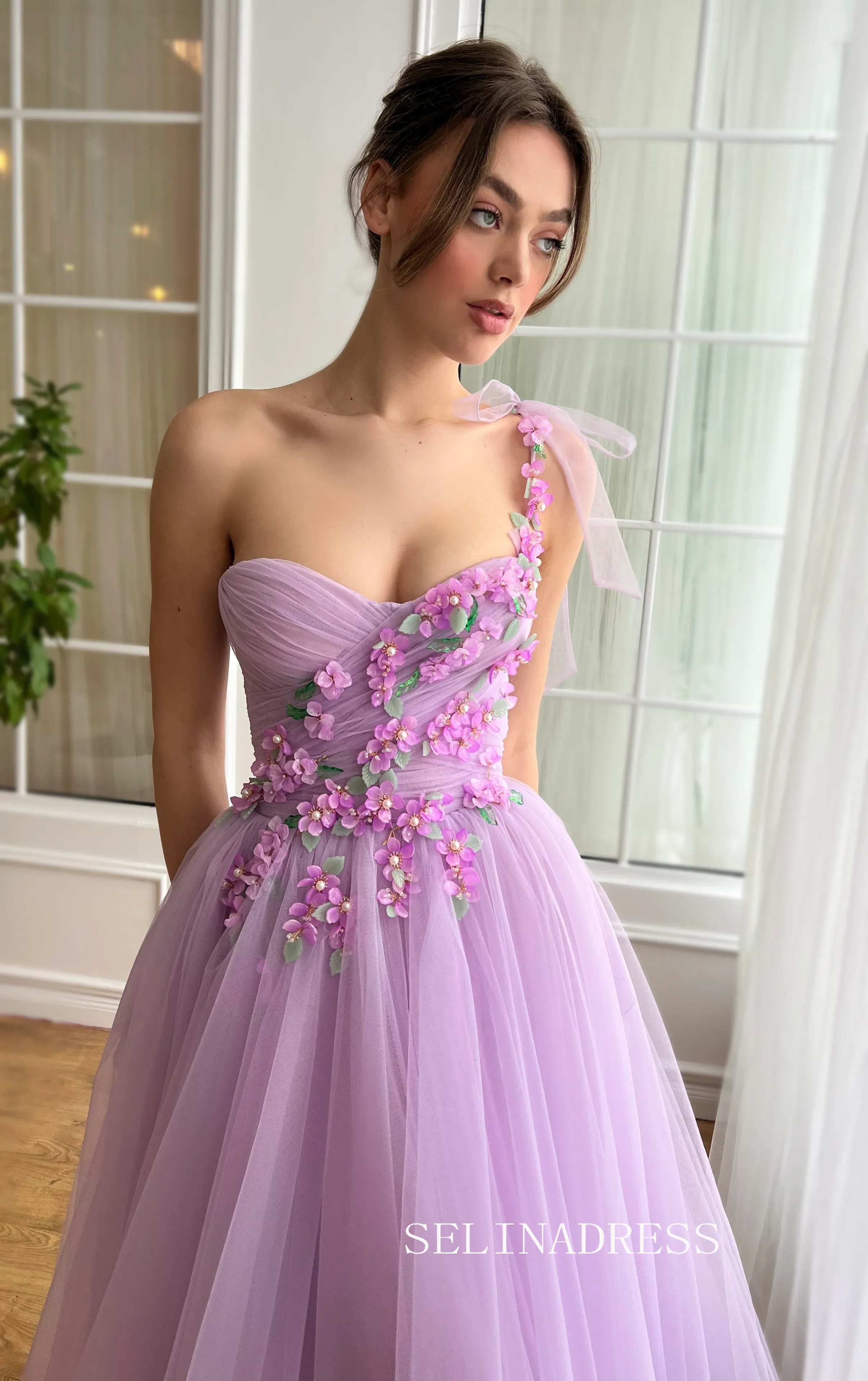 Lilac Floral Wedding Dress Tea Length One Shoulder Prom Dresses Princess Evening Gowns EWR307