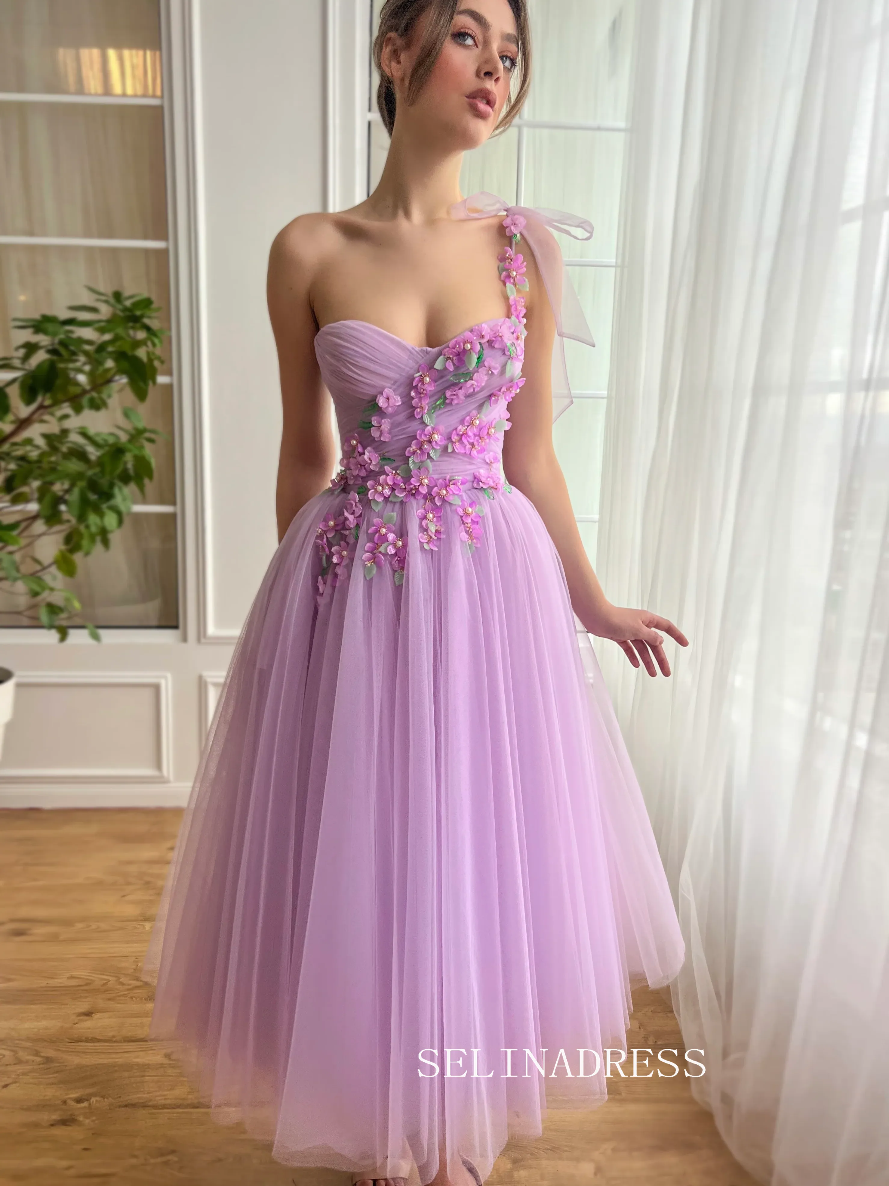 Lilac Floral Wedding Dress Tea Length One Shoulder Prom Dresses Princess Evening Gowns EWR307