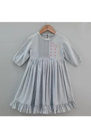 Lilac grey pintucks gathered and embroidered dress