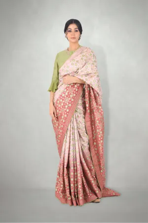 Lilac Pink  Ombre  Ikat Printed Silk Saree Set