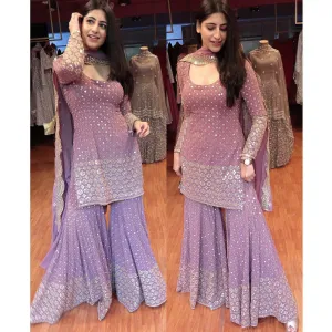 Lilac Purple Color Georgette Embroidery Sharara Suit