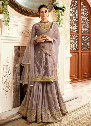 Lilac Purple With Golden Touch Embroidered Gharara Suit