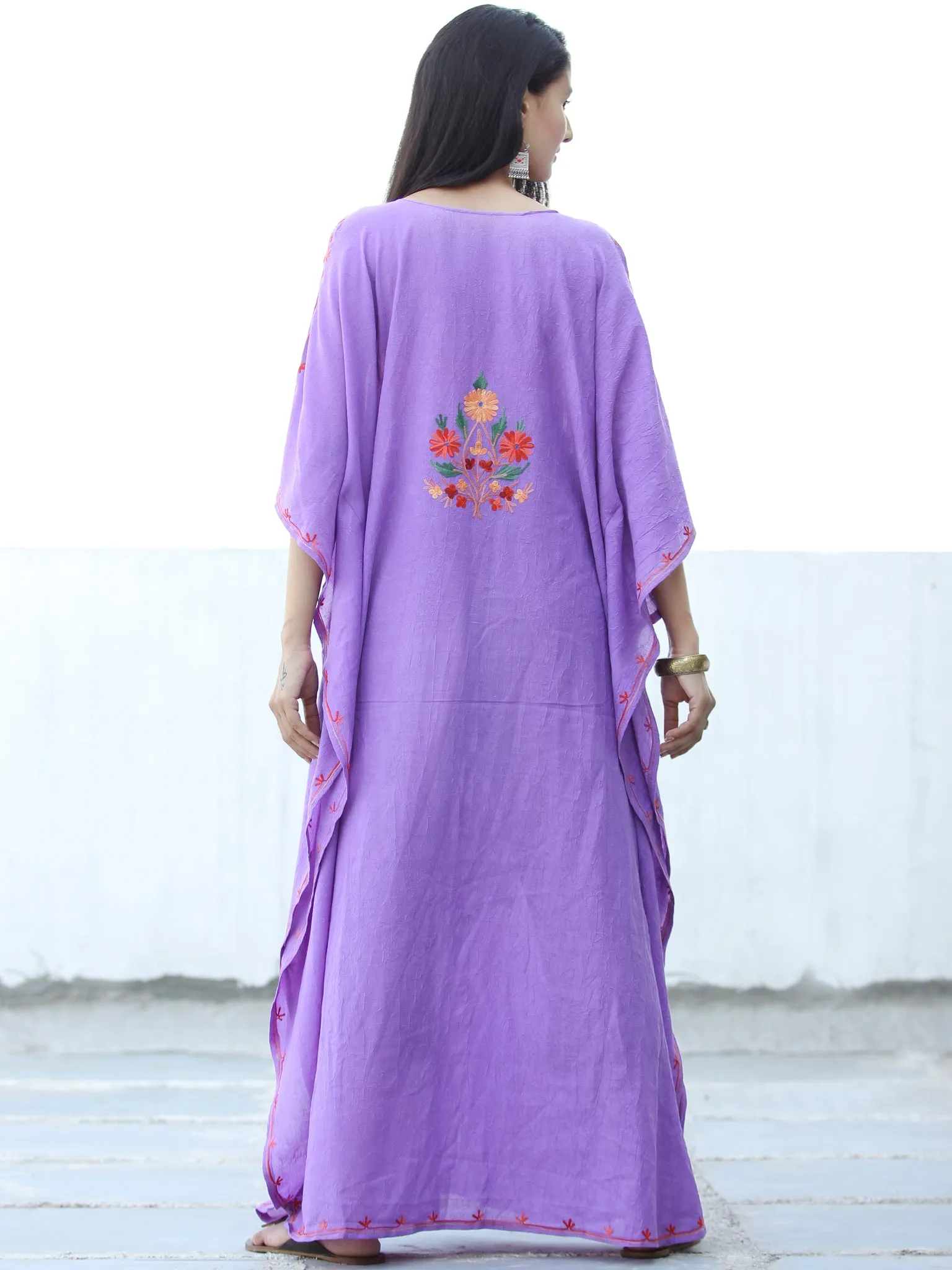 Lilac Red Yellow Aari Embroidered Kashmere Free Size Kaftan in Crushed Cotton - K11K065