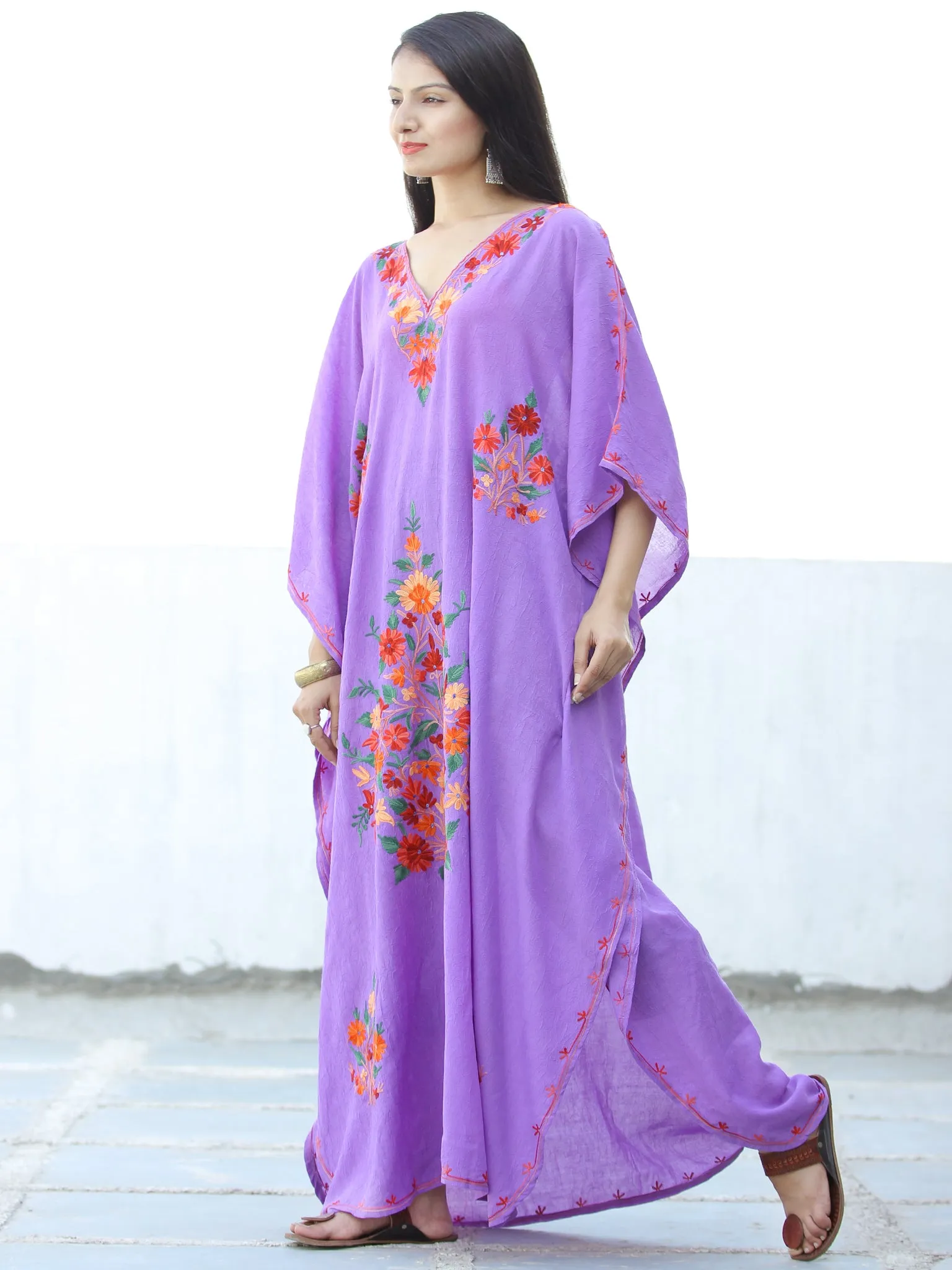 Lilac Red Yellow Aari Embroidered Kashmere Free Size Kaftan in Crushed Cotton - K11K065