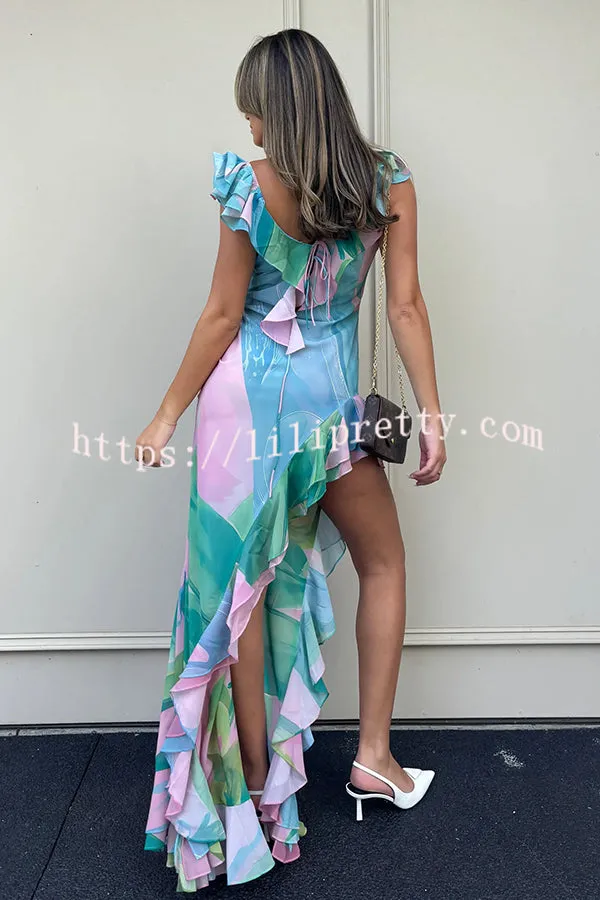 Lilipretty? Eyes on Paradise Printed Cowl Neck Ruffle Design Thigh Split Maxi Dress