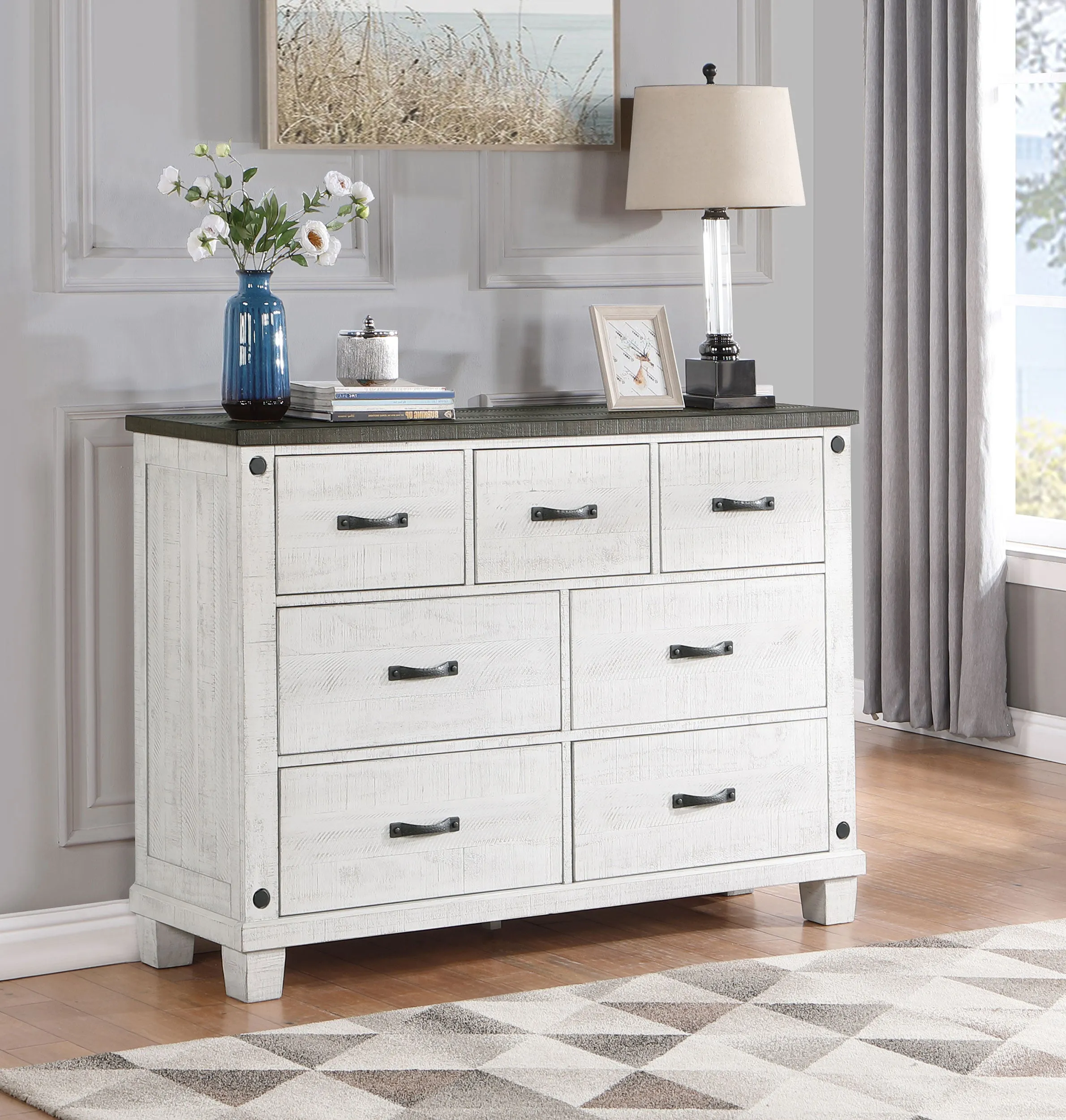 Lilith 7-drawer Dresser Distressed Grey and White