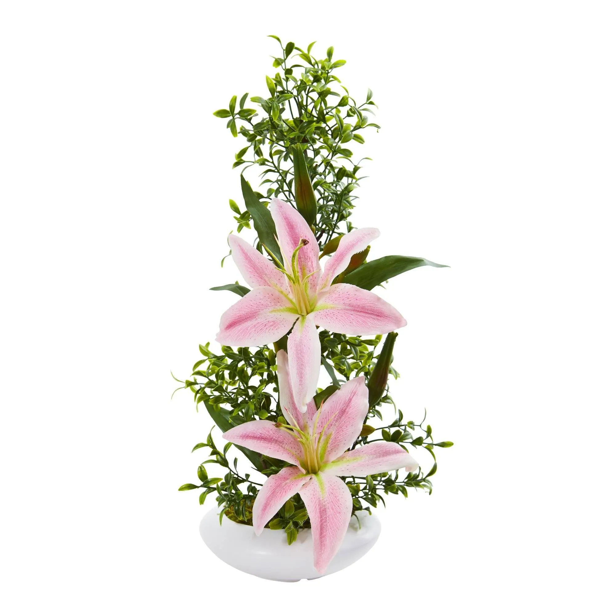 Lily and Boxwood Artificial Arrangement in White Planter