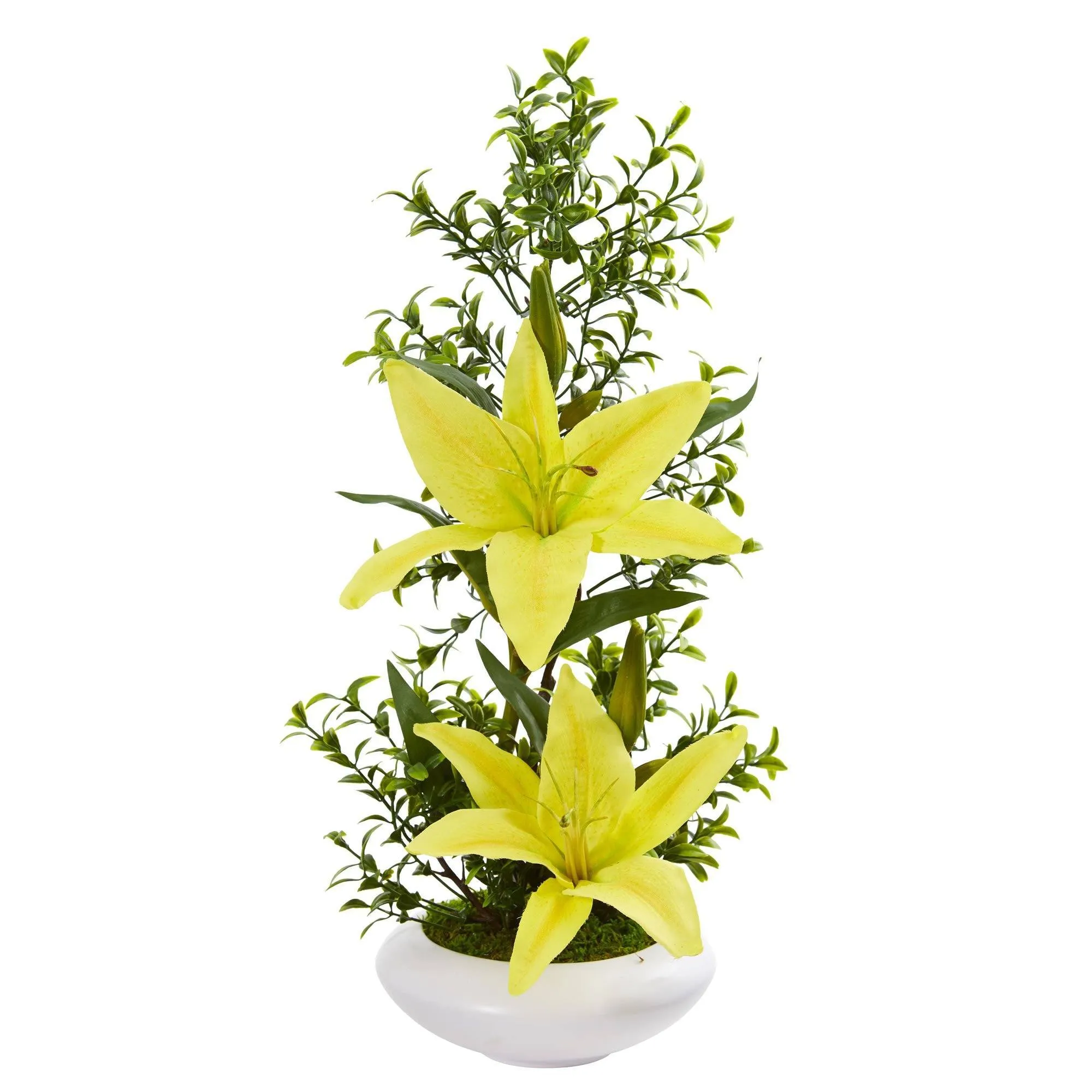 Lily and Boxwood Artificial Arrangement in White Planter