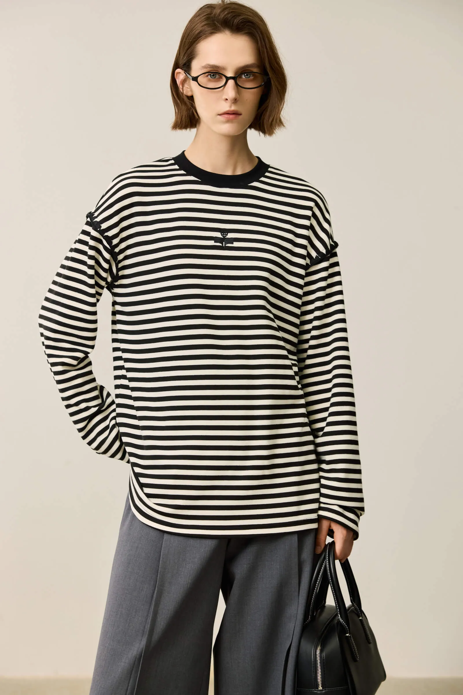 LILY Black-and-White Color-Block Striped Long Sleeve T-Shirt