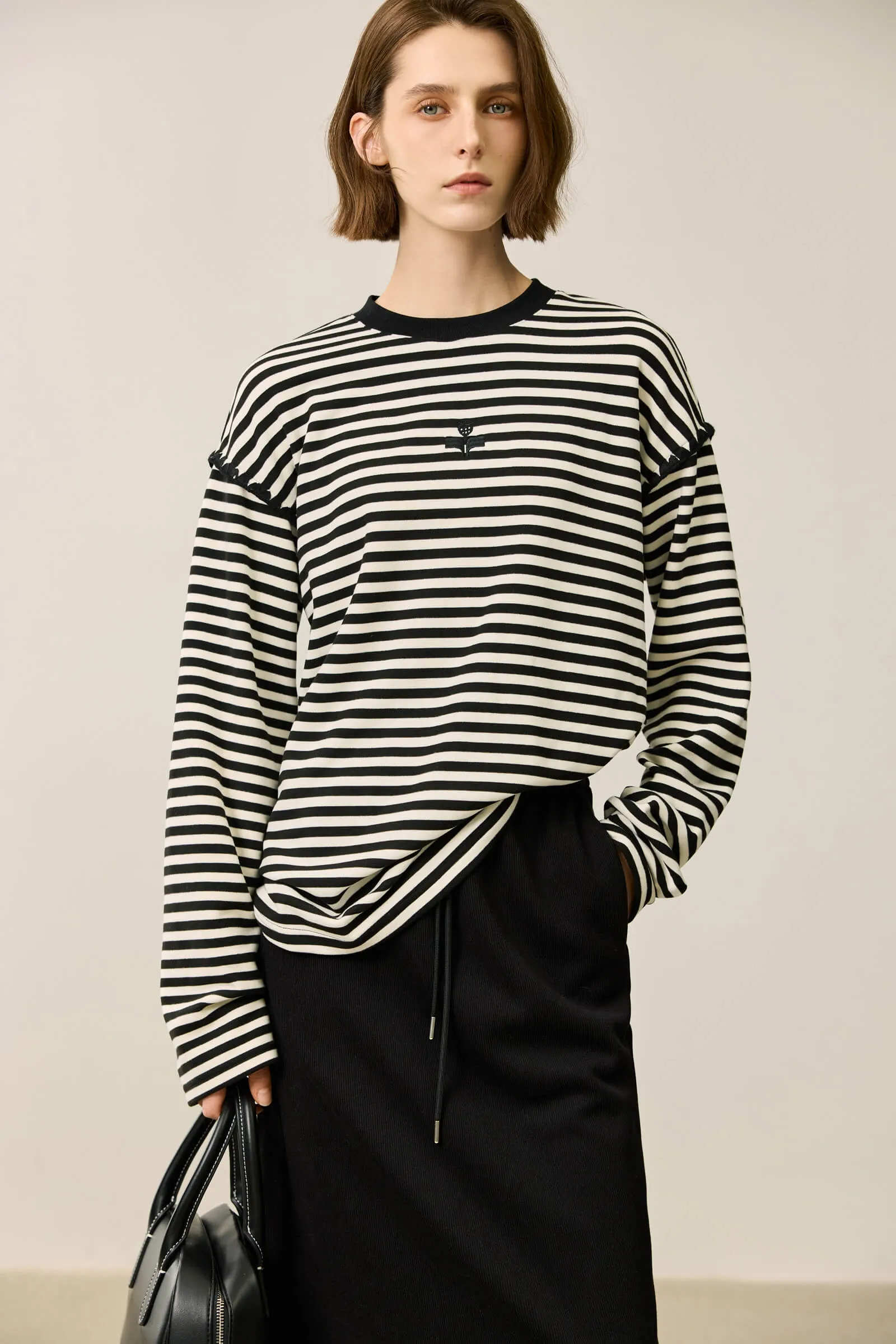 LILY Black-and-White Color-Block Striped Long Sleeve T-Shirt