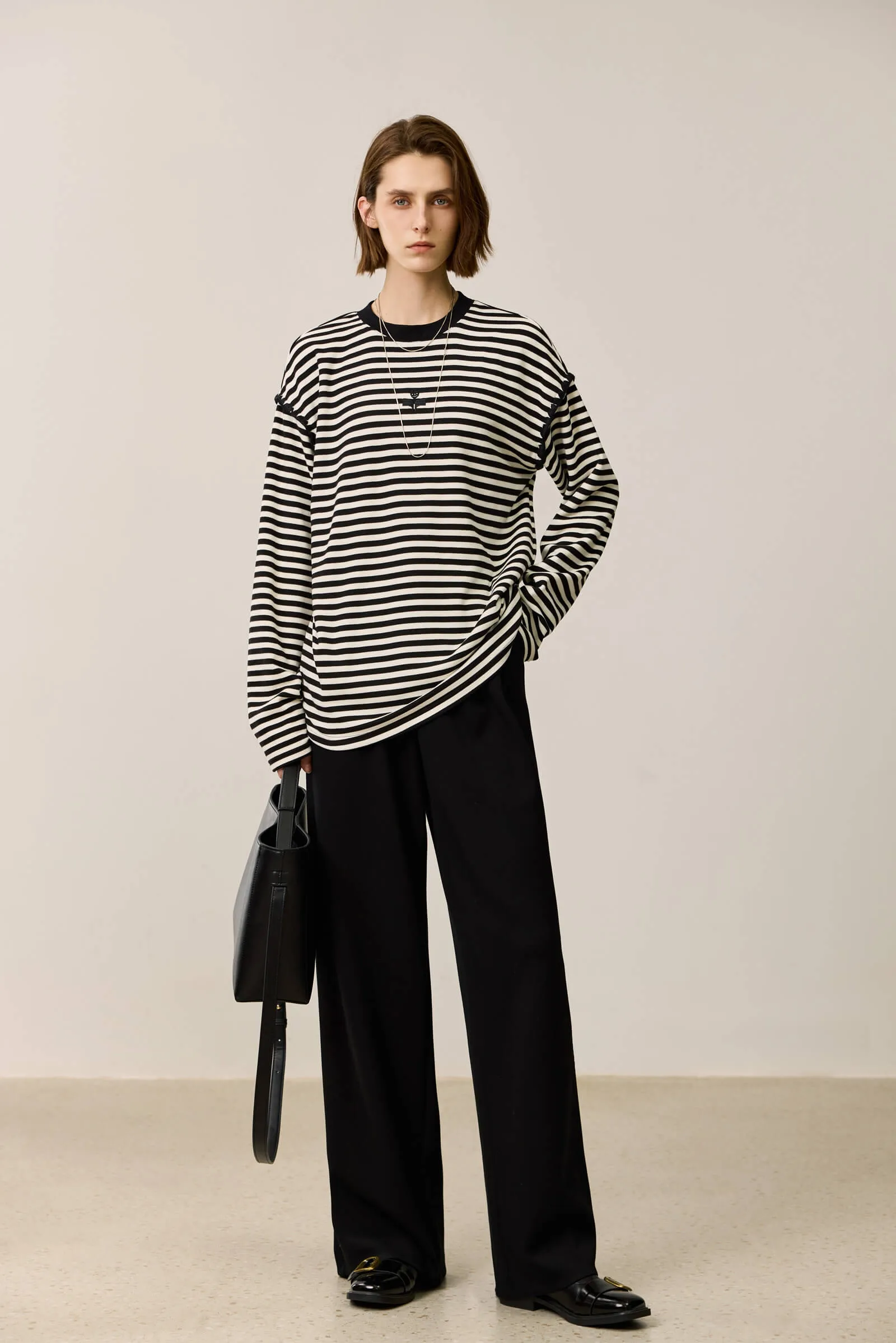 LILY Black-and-White Color-Block Striped Long Sleeve T-Shirt