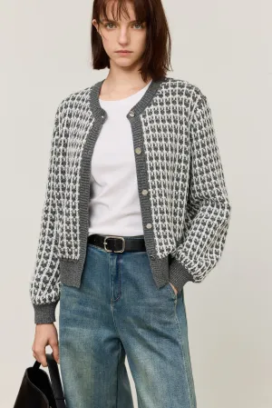 LILY Gray-Tone Plaid Crewneck Knit Cardigan