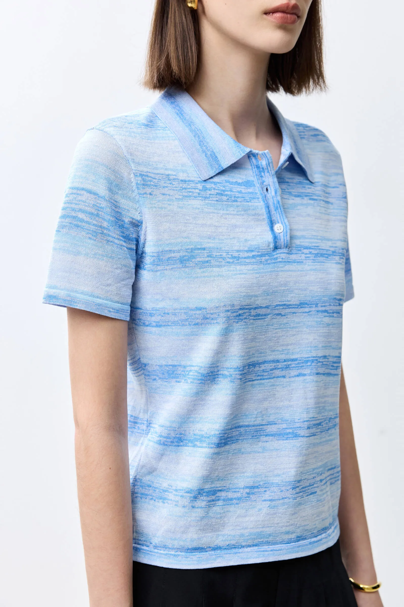 LILY Polo Collar Striped Versatile Short-Sleeve Knit Top