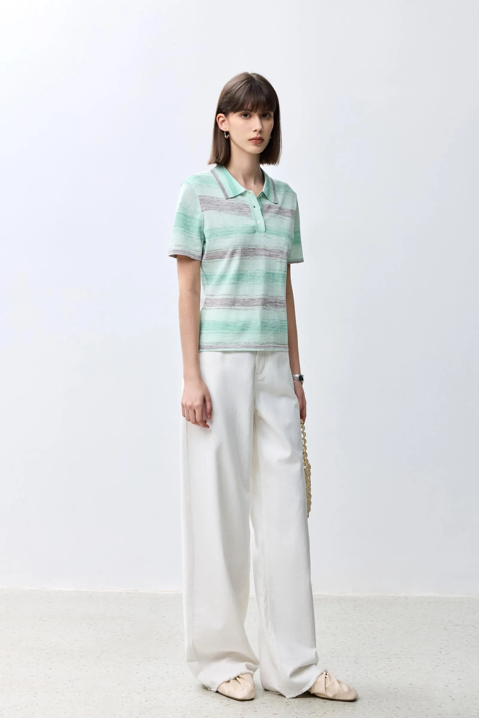 LILY Polo Collar Striped Versatile Short-Sleeve Knit Top