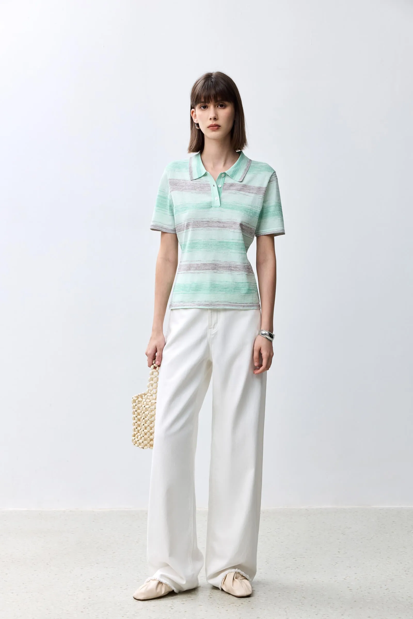 LILY Polo Collar Striped Versatile Short-Sleeve Knit Top